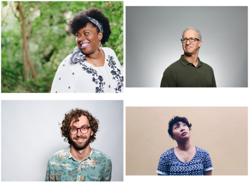 Four profile pictures of irregular sizes in a 2 by 2 grid. None of the subjects are perfectly centered in the images. Clockwise: a late 20s black woman against a green, natural background; a mid-50s white male on a gray background; a mid-20s woman in a blue shirt against a tan background; an early-30s male with curly hair and a floral print shirt on a light gray background.