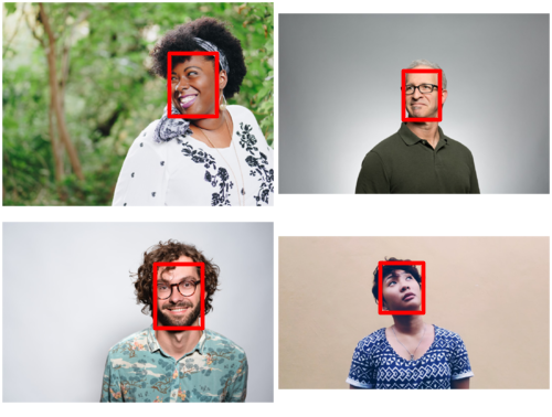 The four profile images from the previous example. A red square outline marking the detected face regions has been overlaid over each face in the examples profile images.