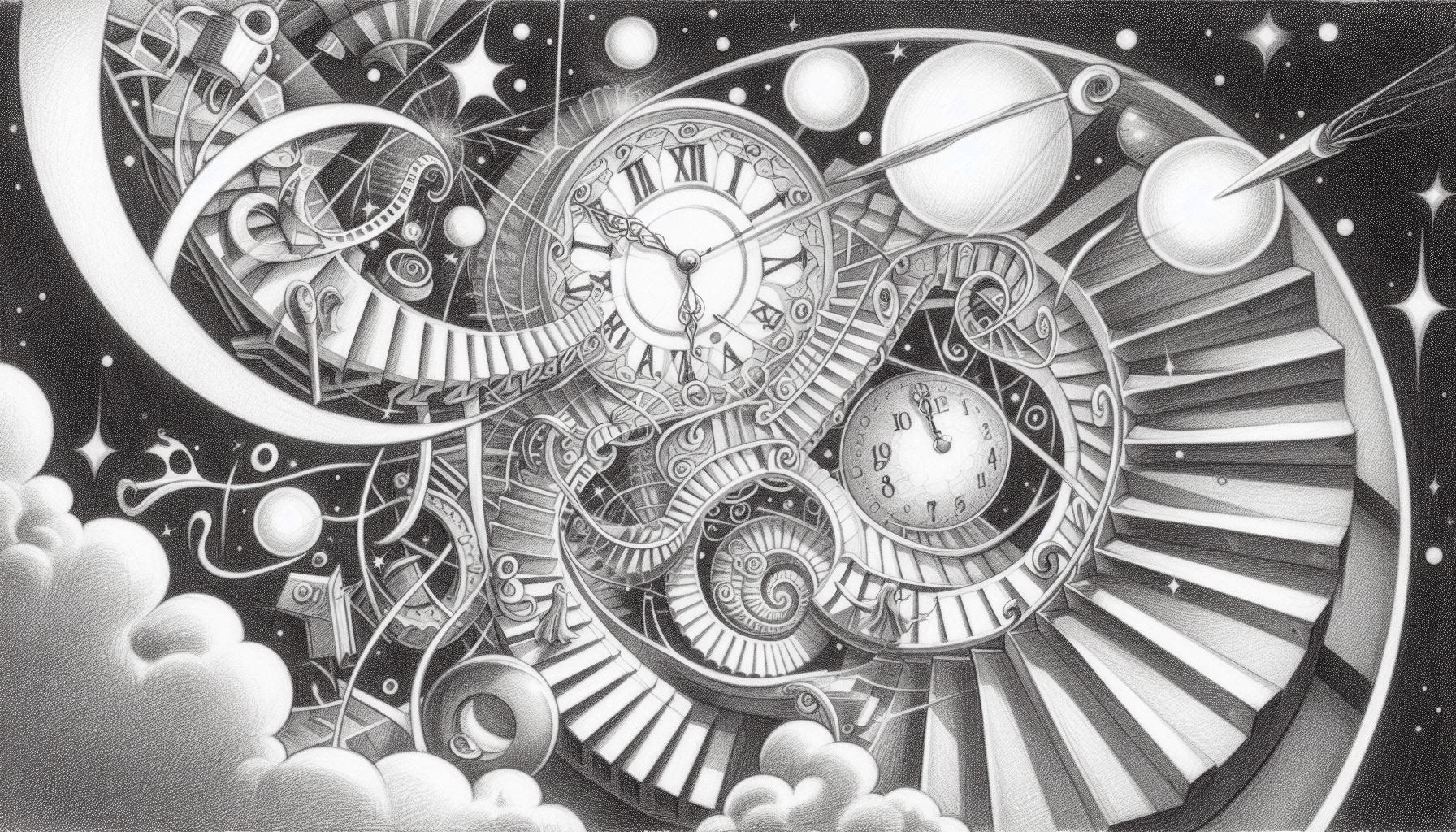 An AI-generated pencil-drawn sketch of a dream sequence. A spiral staircase descends into a clock face, surrounded by planets, clouds and stars.