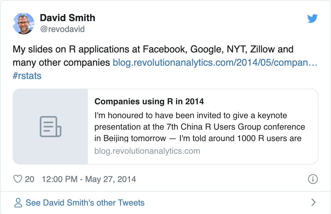 Tweet from @revodavid sharing a link to slides. The slides' link has limited metadata and only text is shown in the link preview.