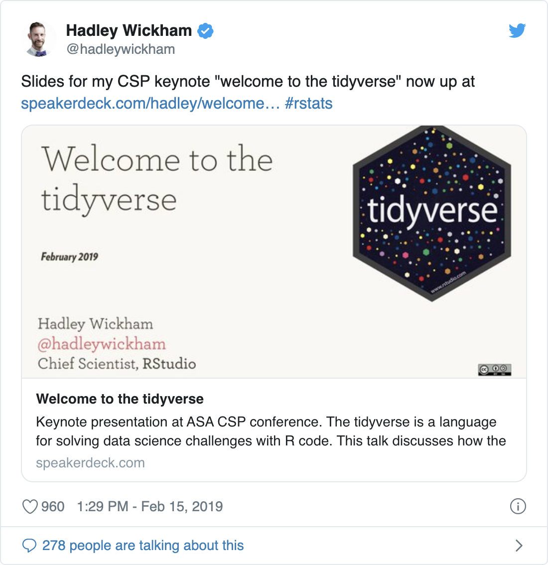 Tweet from @hadleywickham sharing a link to slides, with complete metadata. The preview image from the link shows the first slide.