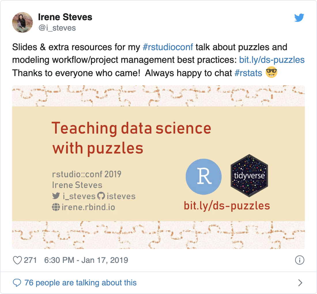 Tweet from @i_steves sharing a link to slides, with a screenshot of the first slide shared as an image attached to the tweet.