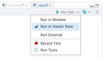 RStudio 'Run App' drop down menu available for Shiny apps, for example in source files named 'app.R'