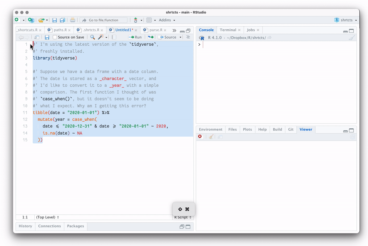 A demonstration of the reprex shortcut: highlight code in RStudio editor, run the 'reprex to issue' shortcut, and create a new github issue