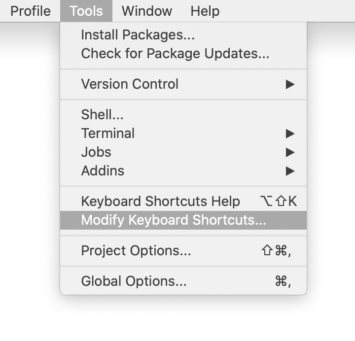 RStudio 'Modify Keyboard Shortcuts' item in the 'Tools' menu
