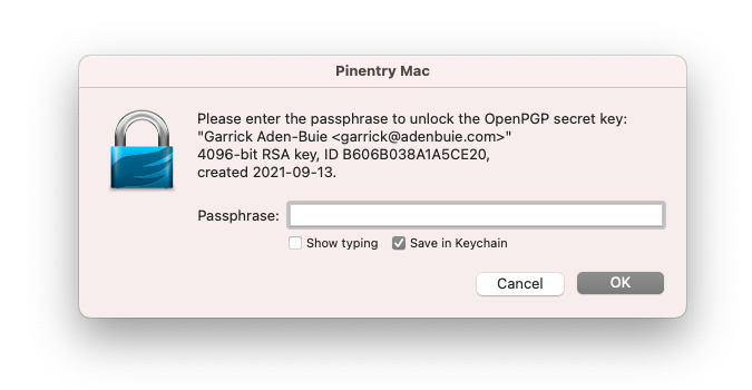 The pinentry-mac dialog window asking for the GPG key passphrase when signing a commit for the first time.